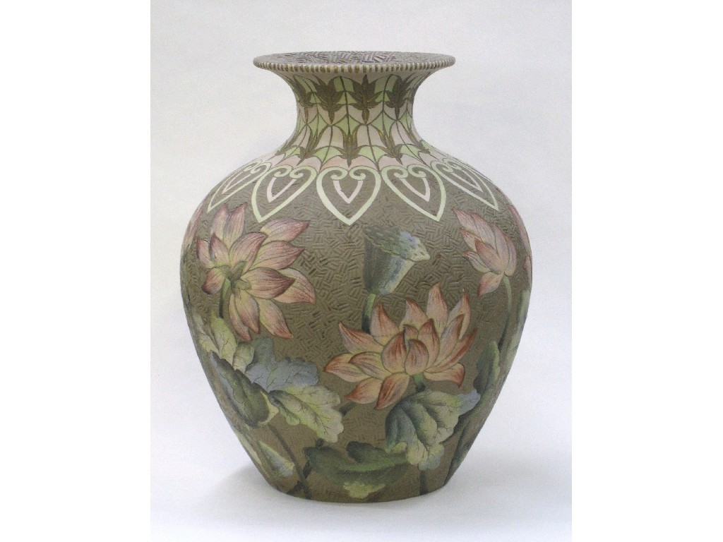 Appraisal: Stoneware vase with incised decoration of water lilies on a