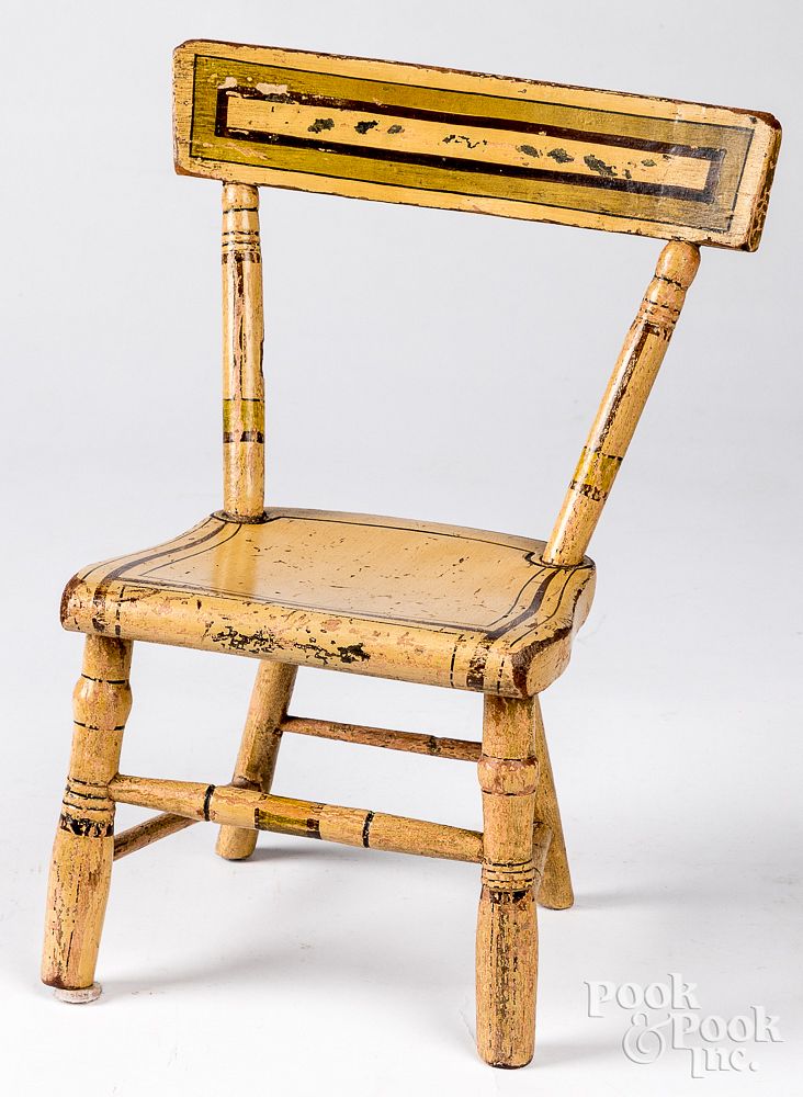 Appraisal: Painted pine plank seat doll chair th c Painted pine