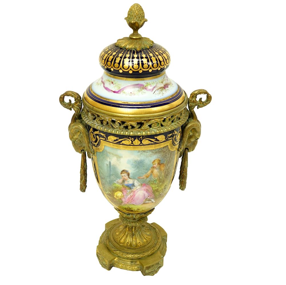 Appraisal: Sevres Urn th Century Sevres Bronze Mounted Gilt Hand Painted