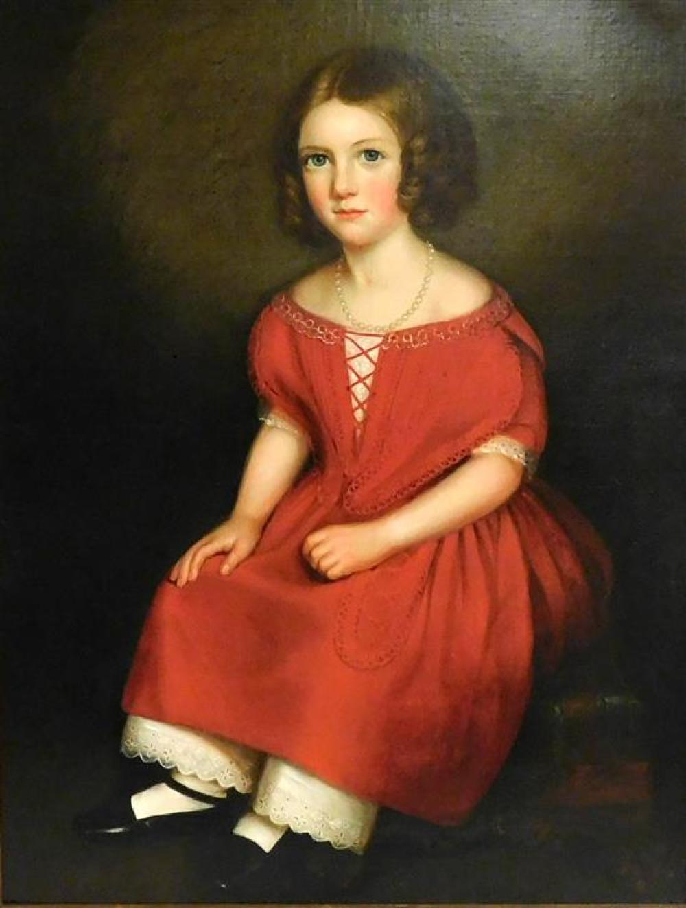 Appraisal: American School Portrait of Girl in Red Dress c oil