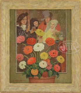 Appraisal: EMMA FORDYCE MACRAE American - ZINNIAS WITH VERMEER PRINT Oil