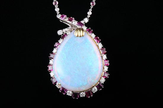 Appraisal: PLATINUM K YELLOW GOLD RUBY DIAMOND AND OPAL NECKLACE Pear-shaped