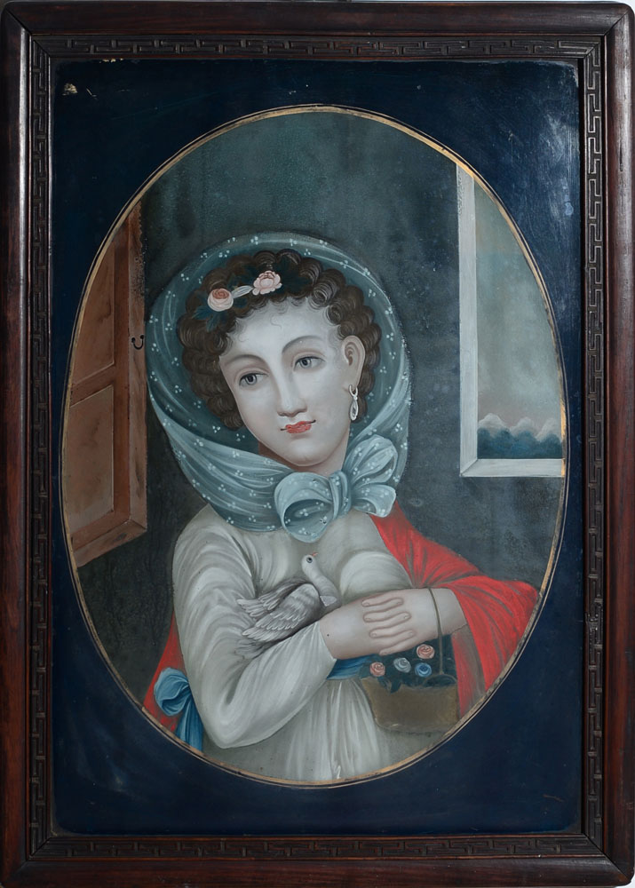 Appraisal: CHINESE EXPORT REVERSE PAINTING ON GLASS DEPICTING A WOMAN HOLDING