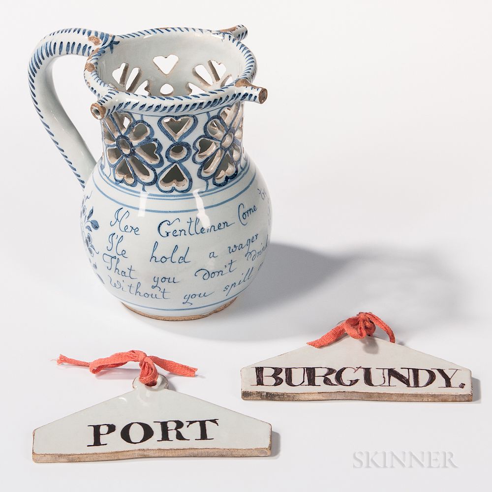 Appraisal: Liverpool Tin-glazed Earthenware Puzzle Jug and Two Bin Labels Liverpool