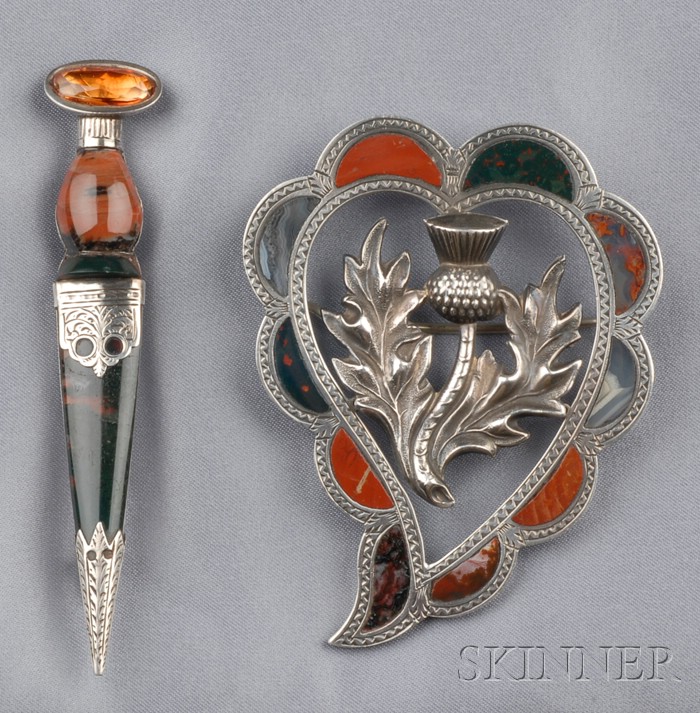 Appraisal: Two Victorian Silver and Scottish Agate Jewelry Brooches a large