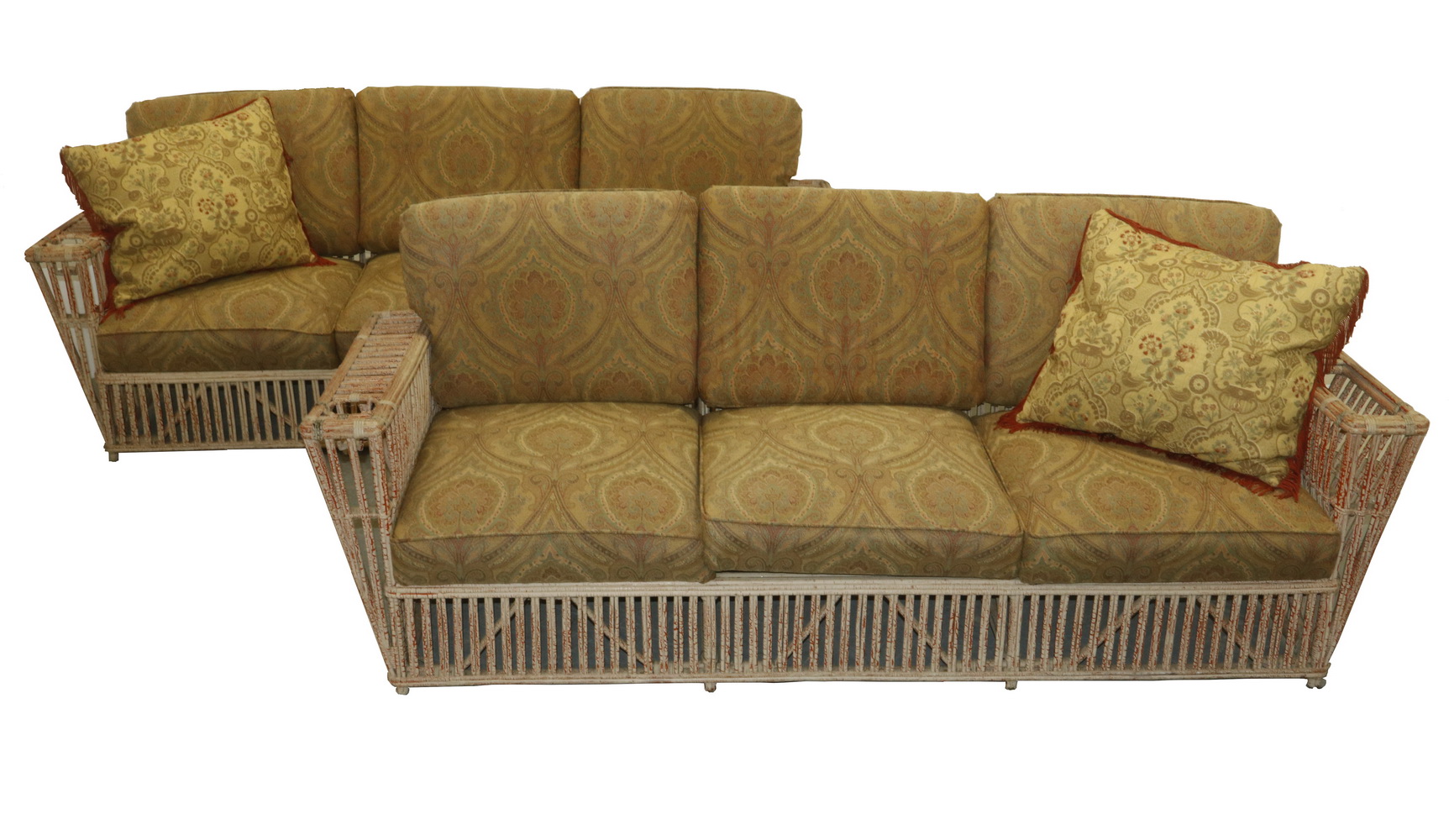 Appraisal: PR CUSTOM PAINTED RATTAN SOFAS Pair of Contemporary Three-Seater Sofas