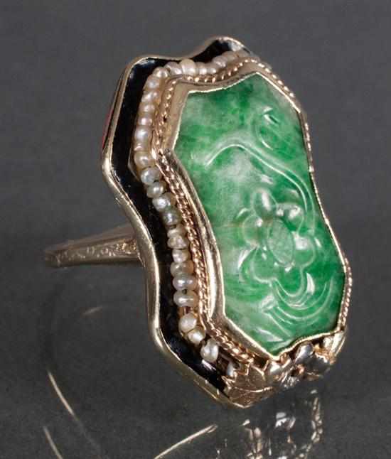 Appraisal: Victorian K gold enamel seed pearl and carved jade ring