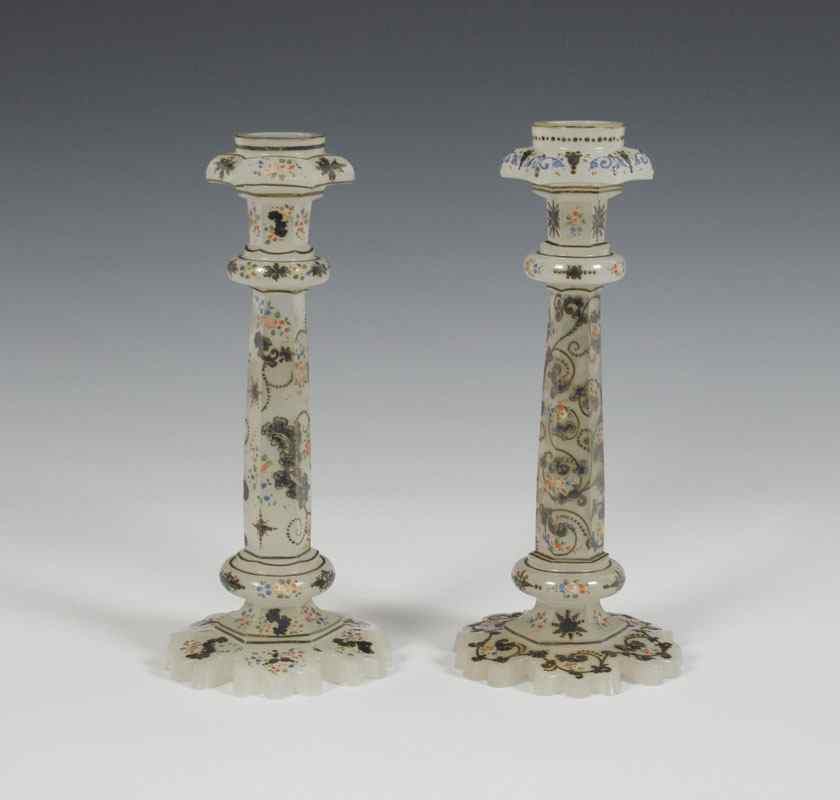 Appraisal: PAIR TH C ENAMEL AND SILVER OVERLAY OPALINE GLASS CANDLESTICKS