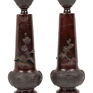 Appraisal: A Pair of Japanese Bronze Candlesticks th Century Height inches