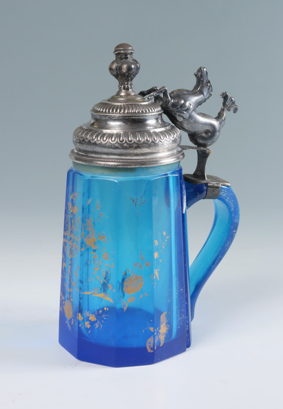 Appraisal: EARLY TH CENTURY SILVER MOUNTED GERMAN BLUE GLASS STEIN Unmarked