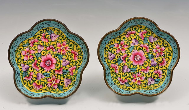 Appraisal: Two Chinese Canton enamel dishes th Centuryof flower form yellow