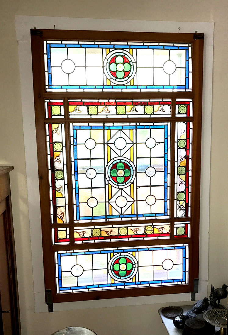 Appraisal: ENGLISH LEADED STAINED GLASS WINDOW Clover leaf and geometric patterns