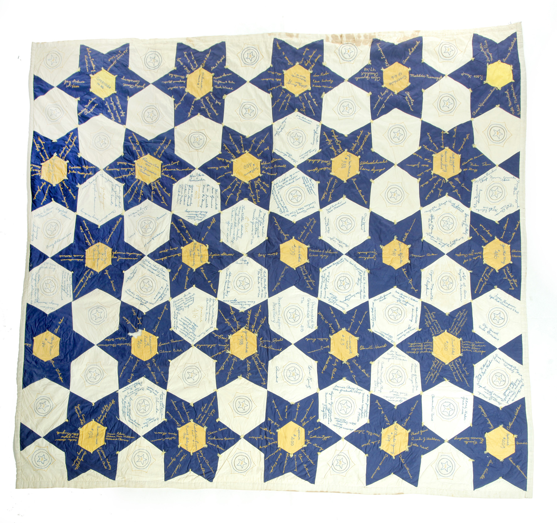 Appraisal: HANDMADE AMERICAN LEGION AUXILIARY FRIENDSHIP QUILT American mid th century