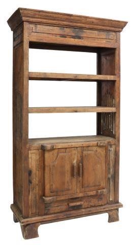 Appraisal: Rustic hardwood bookcase cabinet th c molded cornice two open