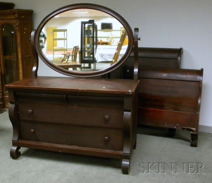 Appraisal: Empire-style Mahogany Veneer Mirrored Dresser and a Pair of Sleigh