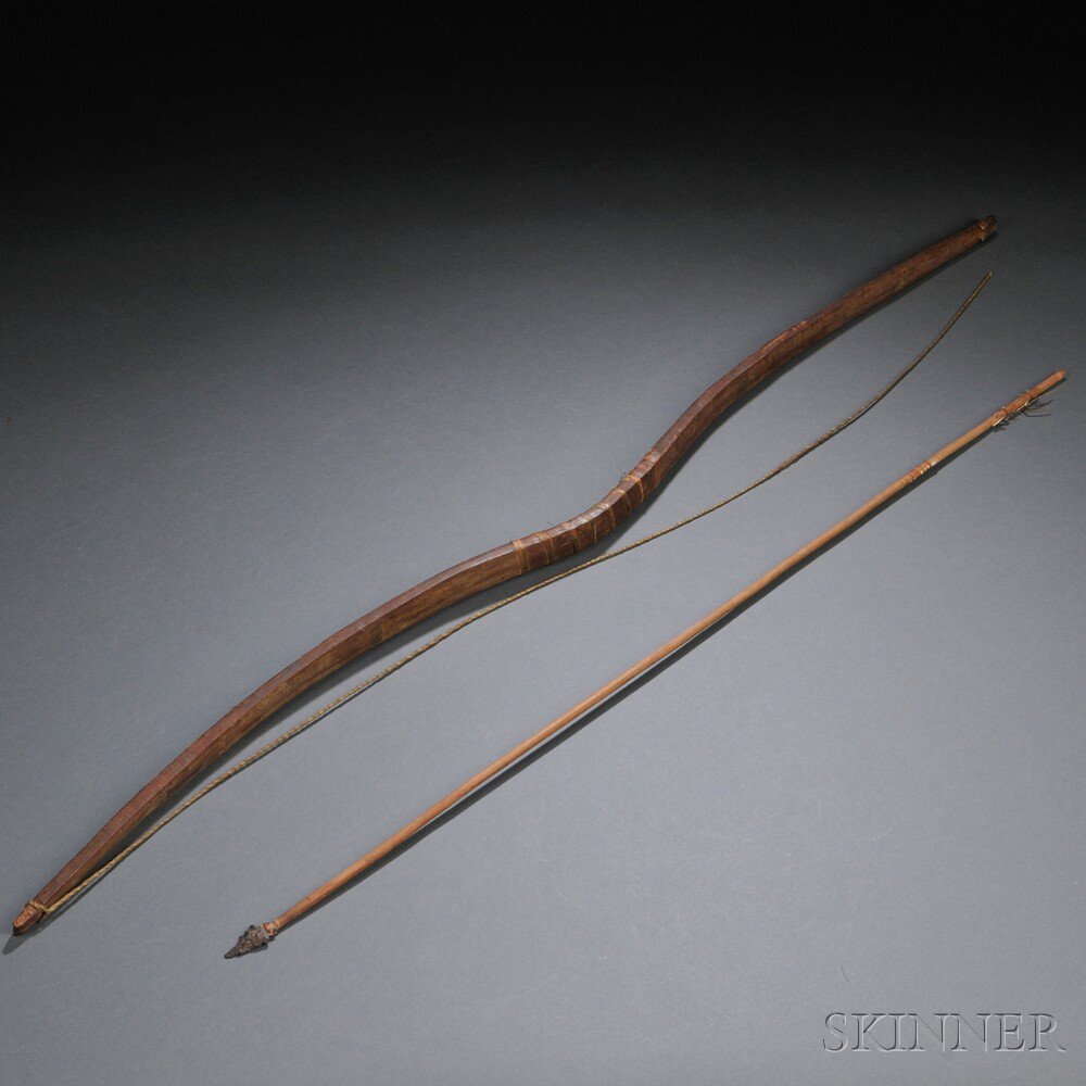 Appraisal: Plains Sinew-backed Bow and a Stone-headed Arrow lg of bow