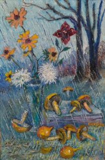 Appraisal: DAVID BURLIUK RUSSIAN - Mushrooms in the Rain oil on