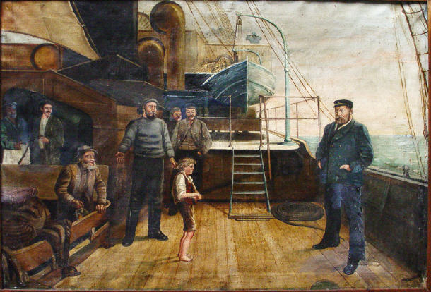 Appraisal: Unsigned oil onto canvas of a stowaway on ships desk