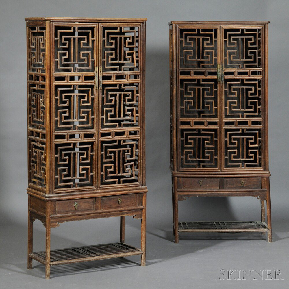 Appraisal: Pair of Jichimu Cabinets China th century rounded posts frame