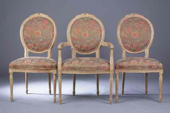 Appraisal: SET EIGHT LOUIS XVI STYLE BEIGE-PAINTED DINING CHAIRS Comprising two