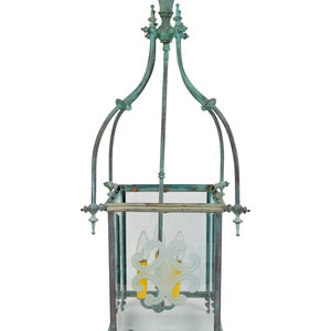 Appraisal: A Copper Patina and Etched Glass Three-Light Hanging Lantern TH