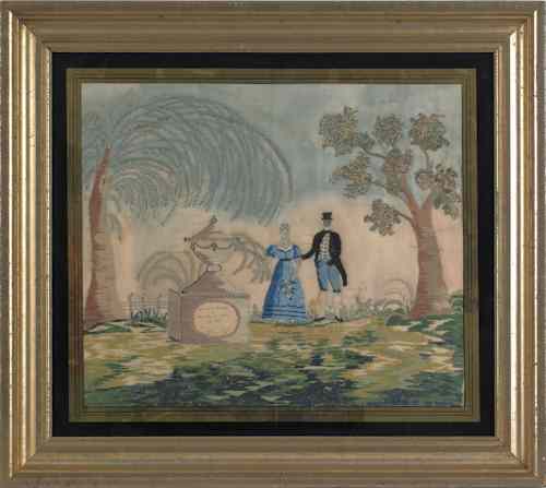 Appraisal: American silk and paint on silk needlework mourning scene early