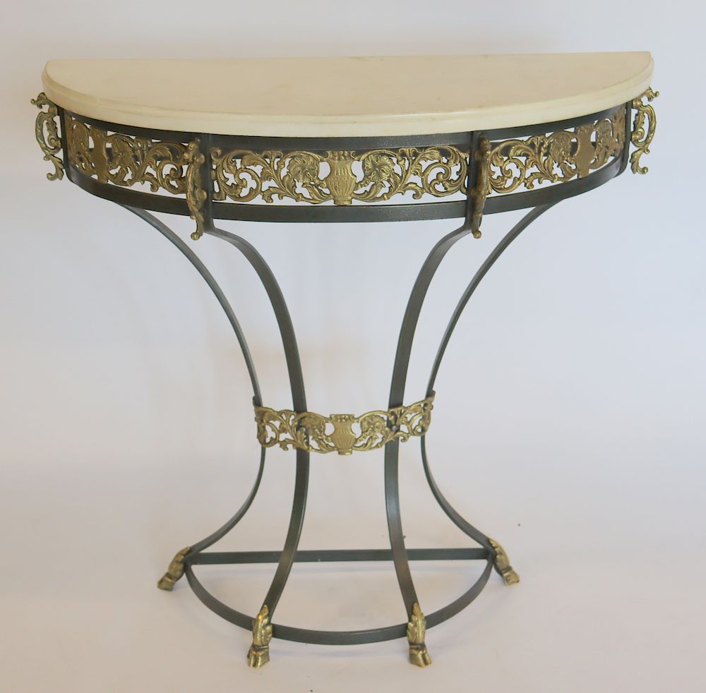 Appraisal: Art Deco Iron And Marbletop Demilune Console In the style