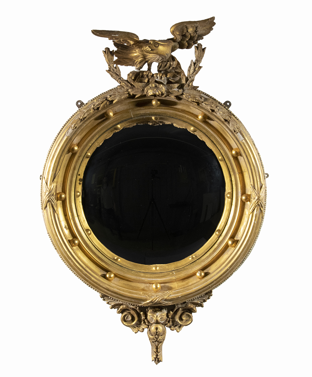 Appraisal: FEDERAL PERIOD BULLSEYE EAGLE MIRROR Well-carved Gilt Frame with spread