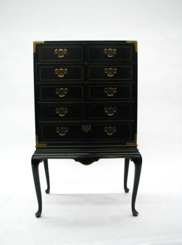 Appraisal: Drexel Heritage Black Lacquer Campaign-Style Silver Chest all drawers with