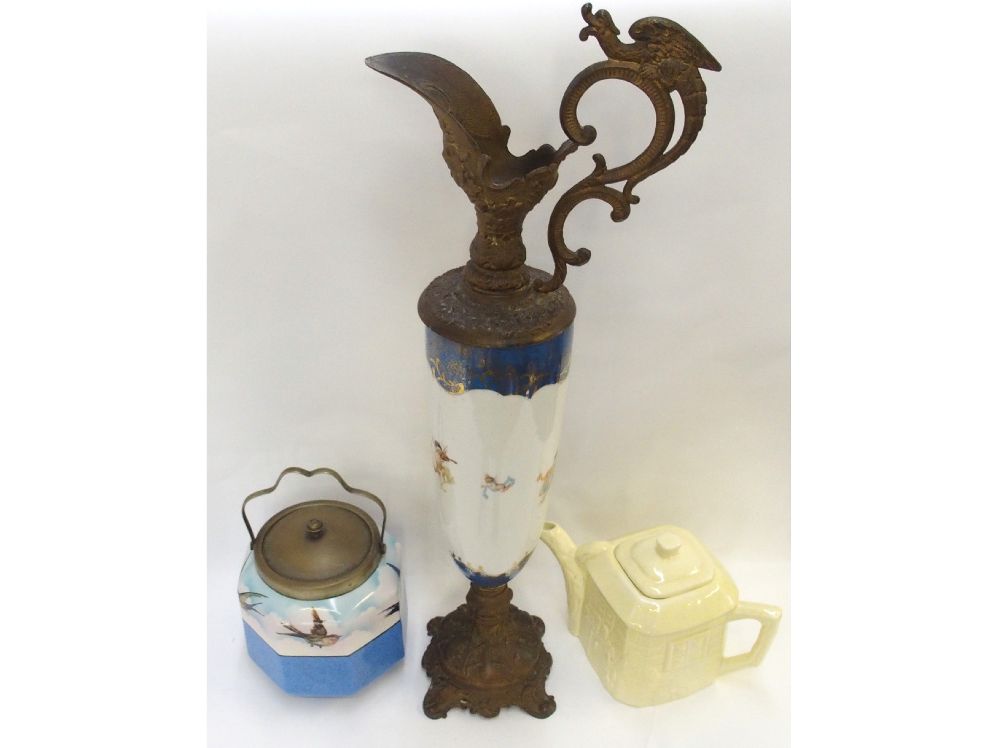 Appraisal: Continental painted porcelain and bronzed spelter mounted ewer biscuit barrel