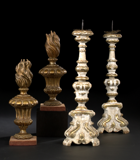 Appraisal: Pair of Italian Carved Matte-White-Painted and Parcel-Gilt Wooden Tripodal Candlesticks