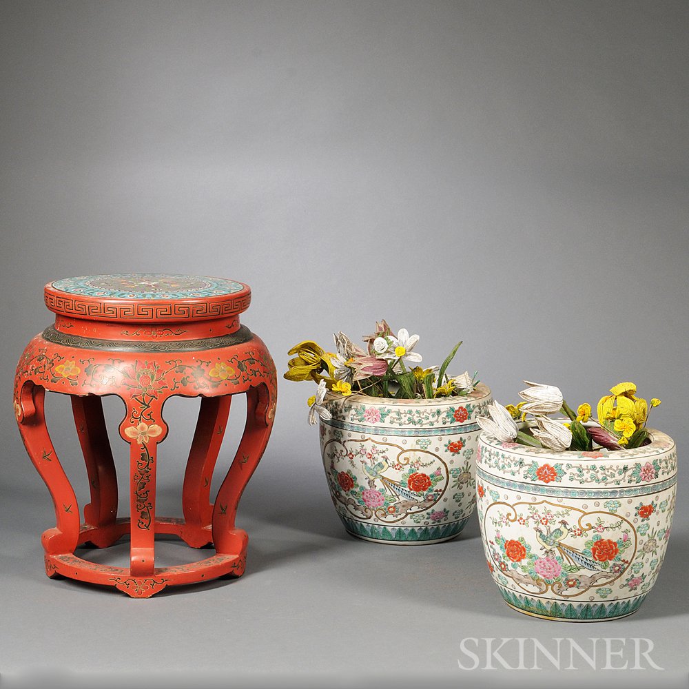 Appraisal: Red Lacquer and Cloisonne Stand and Pair of Planters China