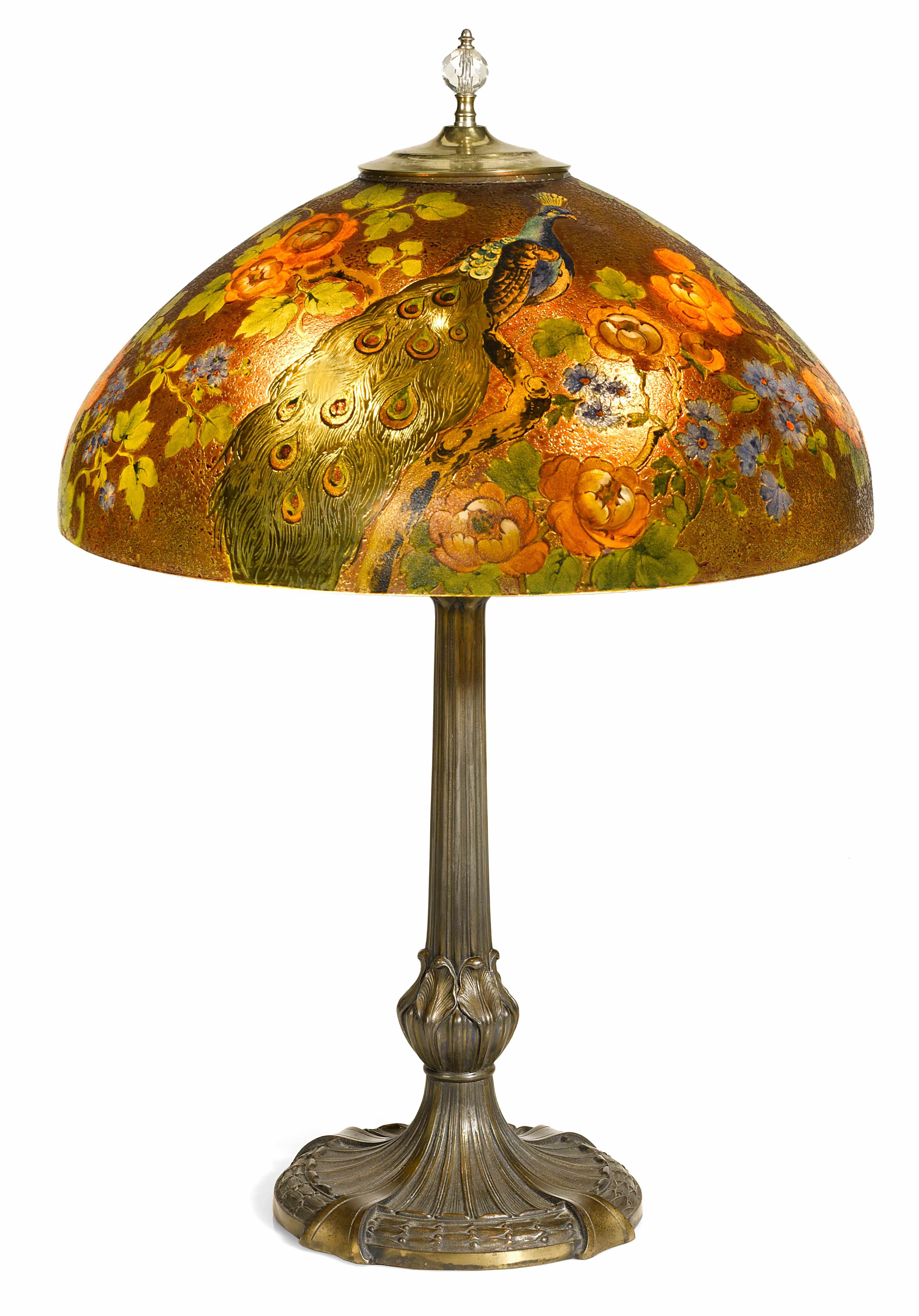 Appraisal: A Handel reverse painted glass and patinated metal Peacock lamp