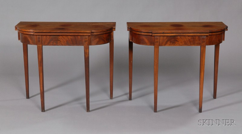 Appraisal: Pair of Federal Inlaid Mahogany Card Tables labeled Joseph Short