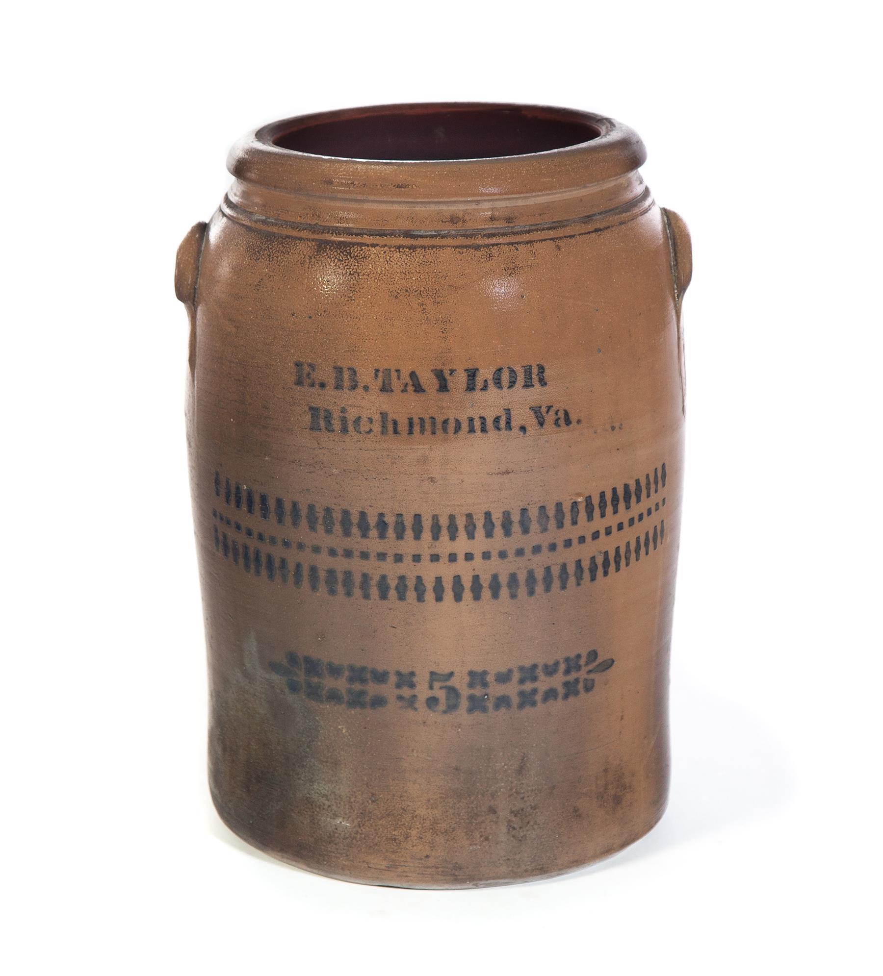 Appraisal: STONEWARE CROCK E B Taylor stoneware five-gallon crock with stenciled