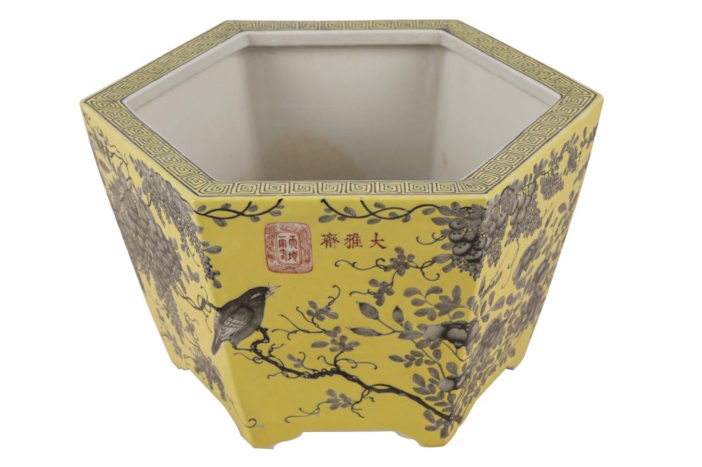 Appraisal: CHINESE YELLOW-GROUND PORCELAIN JARDNIEREunmarked hexagonal with grisaille decoration Condition drilled