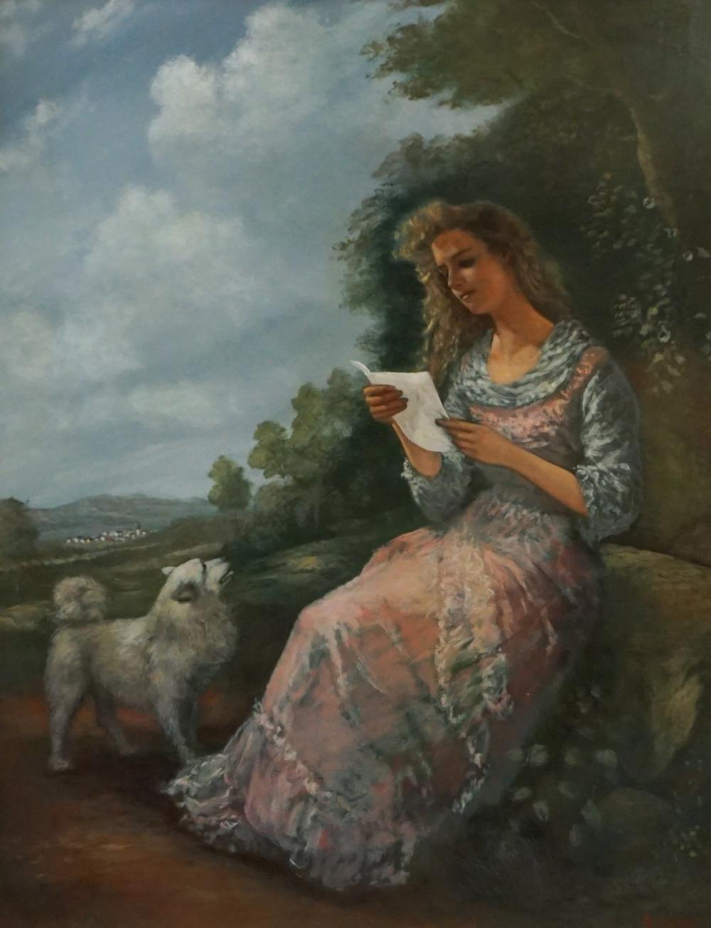 Appraisal: th Century School Landscape with Young Woman and Dog Oil