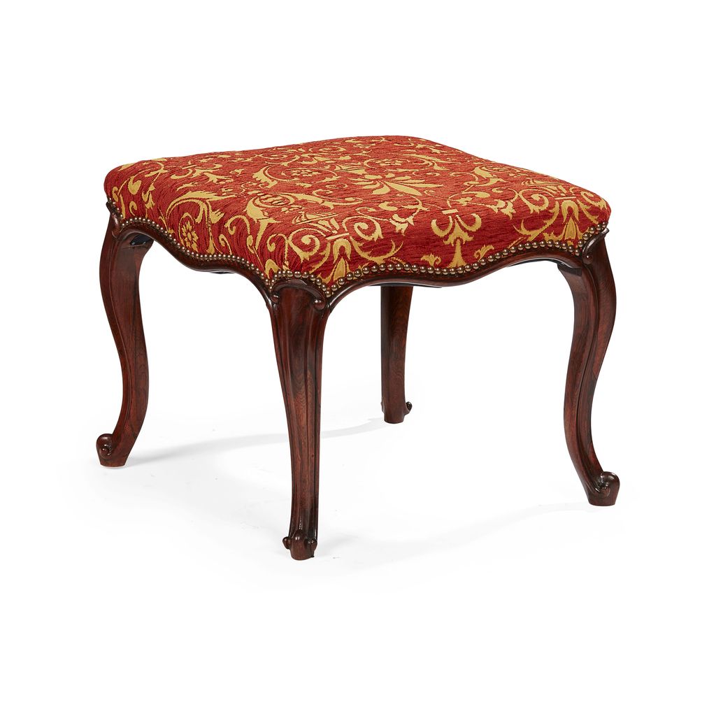 Appraisal: VICTORIAN ROSEWOOD UPHOLSTERED STOOL TH CENTURY the square padded seat