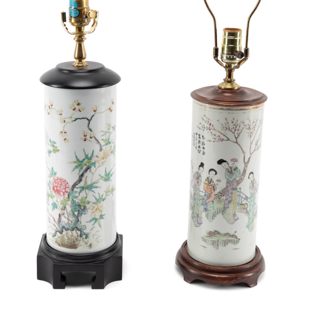 Appraisal: TWO CHINESE ROSE FAMILLE HAT STAND TABLE LAMPS Group of