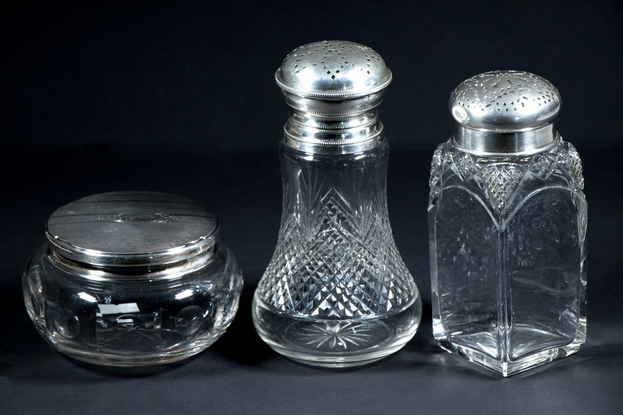 Appraisal: SILVER LIDDED CUT CRYSTAL JARS Group of Crystal Vessels with