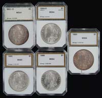 Appraisal: FIVE GRADED CASED MORGAN SILVER DOLLARS Graded by PCI -O