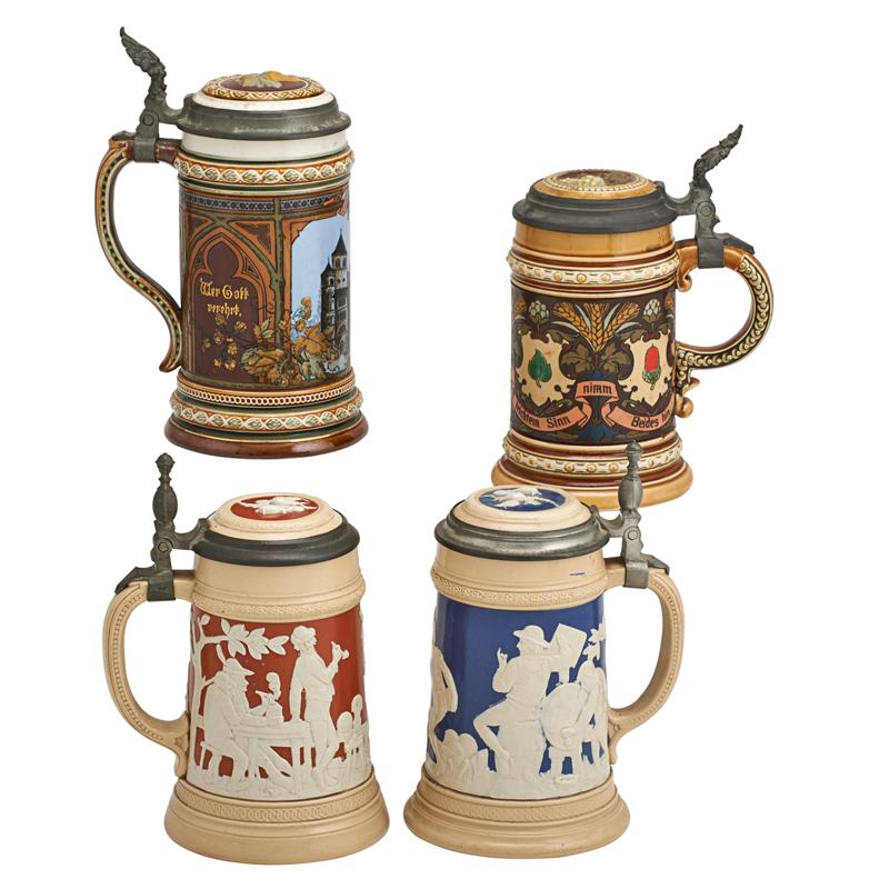 Appraisal: METTLACH ETCHED STEINS Four Number half liter two half liters