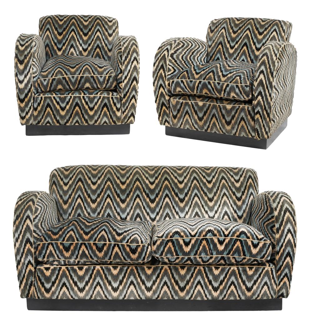 Appraisal: ITALIAN DECO UPHOLSTERED SOFA TWO CLUB CHAIRSunsigned covered with Missoni-style