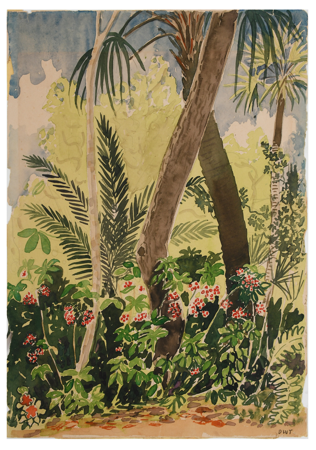 Appraisal: FLORIDA TROPICAL JUNGLE PAINTING MONOGRAMMED ''DWT'' Watercolor '' x ''