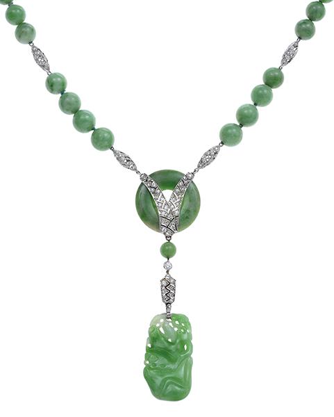 Appraisal: AN ART DECO STYLE JADE AND DIAMOND NECKLACE The feature