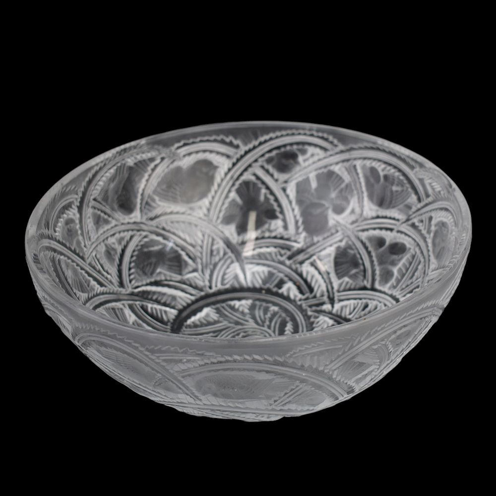 Appraisal: Lalique Pinson Clear Crystal Bowl Birds and lea Lalique Pinson