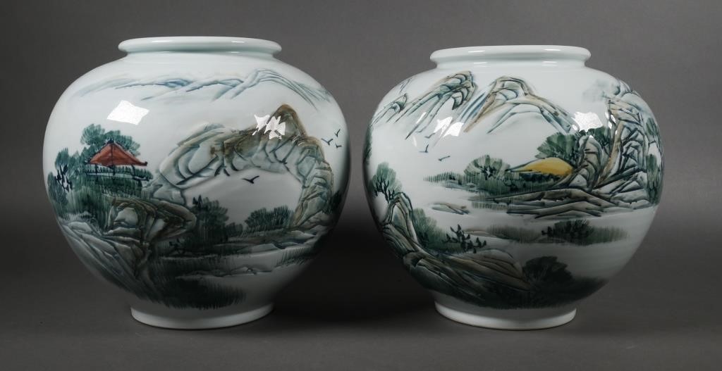 Appraisal: PAIR JAPANESE PAINTED VASES INCISED SIGNEDA pair of matched Japanese