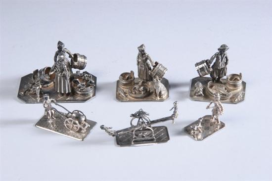 Appraisal: SIX CONTINENTAL SILVER FIGURAL MINIATURES Three market scenes each with