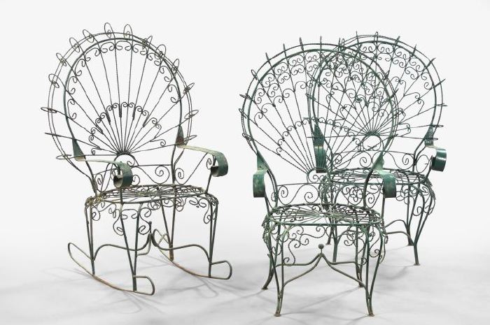 Appraisal: Interesting Three-Piece Suite of Late Victorian Wirework Garden Chairs ca