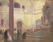 Appraisal: Antal Peczely Hungarian b Interior church view Oil on canvas